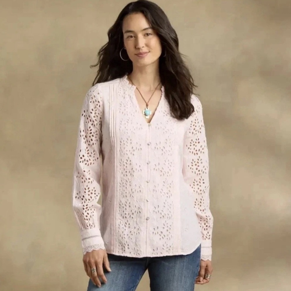 Sundance Valeria Eyelet Floral Pink Button Up Shirt PS Boho Prairie Cottagecore